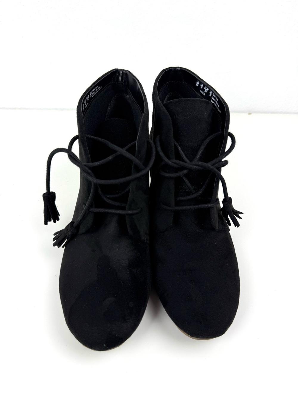 Dr. Scholl's Dakota Wedge Black Suede Lace-Up Ankle Booties with Tassel Ties